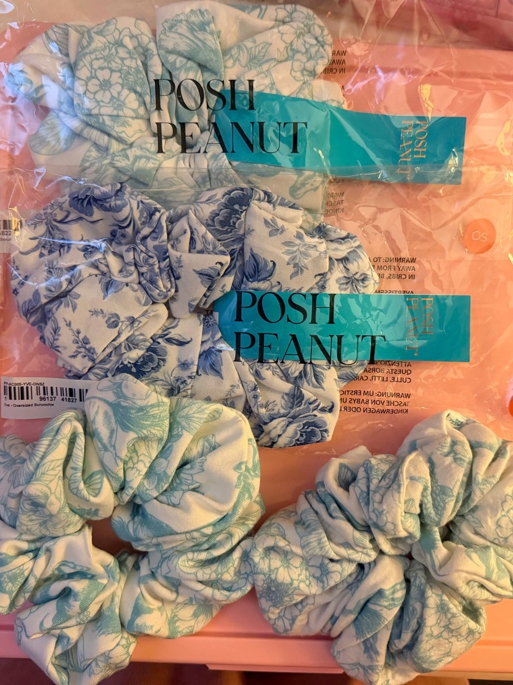 4 Posh Peanut Blue & Aqua Floral Scrunchies